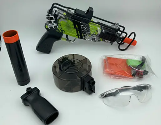 Foto aus der offiziellen Meldung: Gel Ball Blaster (VZ61 Gel Blaster - Groen (+11.000 Orbeez)) Spielzeugpistole — Risiko: Ersticken & Sehschaden