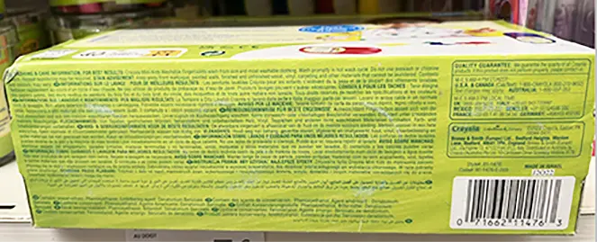 Foto uit de officiële melding: Crayola 4 Tubes de peinture aux doigts lavables Vingerverven — risico: Chemische risico's