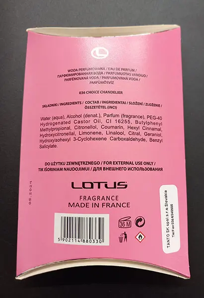 Photo de l’avis officiel: Lotus Lotus - Choice Chandelier Parfum — risque: Risque chimique