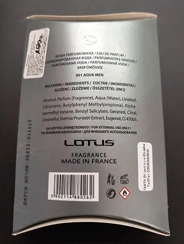 Photo de l’avis officiel: Lotus AQUA MEN Parfum — risque: Risque chimique (A12/02630/23)