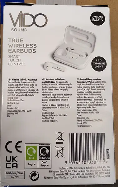 Photo from the official notice: VIDO SOUND True Wireless Earbuds — environment risk