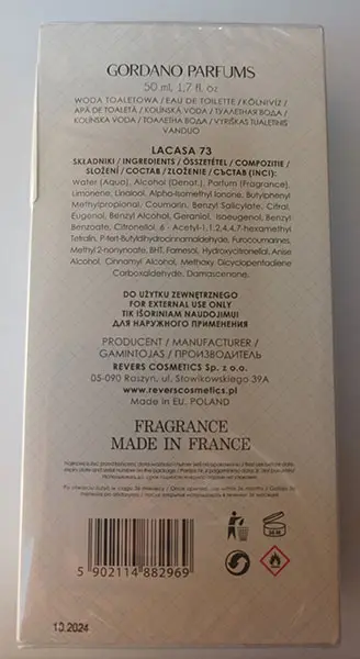 Foto do aviso oficial: GORDANO PARFUMS Lacasa 73, 2012 Eau de toilette — risco: Químico