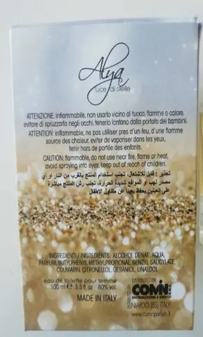 Foto dell’avviso ufficiale: Comin parfum ALYA LUCI DI STELLE Eau de toilette — rischio: Rischio chimico (A12/02870/23)