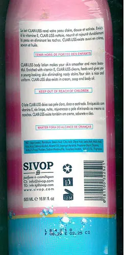 Photo from the official notice: Clair-Liss Génial Lait Clarifiant, Lightening Body Lotion, Leite Clareador skin lightening product — chemical risk