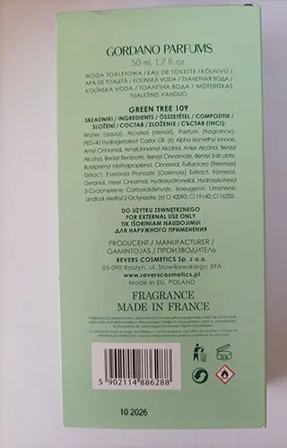 Photo de l’avis officiel: GORDANO PARFUMS GREEN TREE 109 Eau de Toilette — risque: Risque chimique