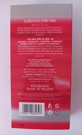 Photo de l’avis officiel: GORDANO PARFUMS LACASA RED IN FUN 60 Eau de toilette — risque: Risque chimique