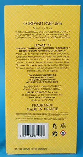 Photo de l’avis officiel: GORDANO PARFUMS LACASA 161 // 2012 Eau de Toilette — risque: Risque chimique
