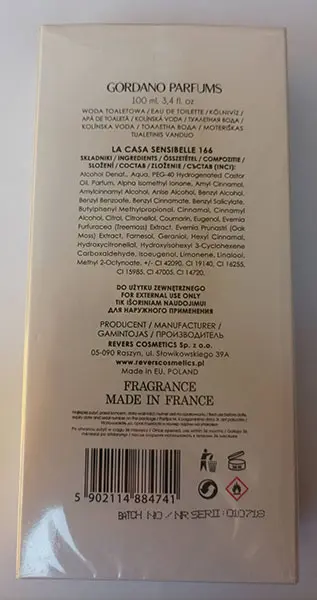 Photo de l’avis officiel: GORDANO PARFUMS LACASA Sensibelle Eau de toilette — risque: Risque chimique