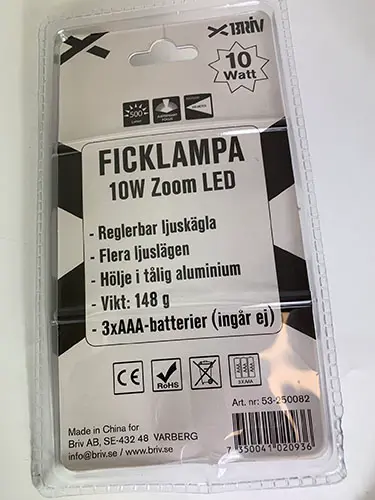 Photo de l’avis officiel: Briv Ficklampa 10W zoom Torche — risque: Environnement