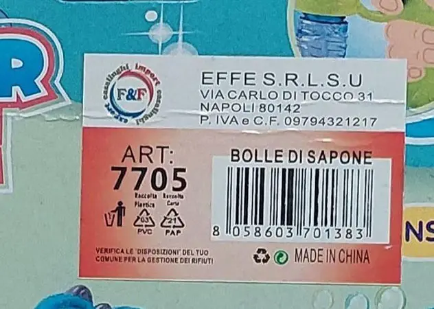 Photo de l’avis officiel: EFFE Electric dinosaur bubble gun Jouet à bulles de savon — risque: Risque microbiologique