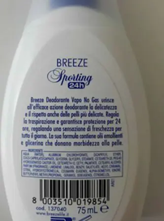 Photo de l’avis officiel: Breeze Sporting 24h Deodorante vapo no gas Déodorant — risque: Risque chimique