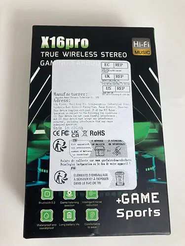Photo from the official notice: X16 Pro True Wireless Stereo Earbuds Luminous True wireless earbuds — chemical & environment risk