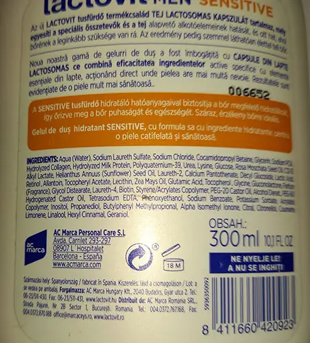 Foto aus der offiziellen Meldung: Lactovit men Sensitive ultra hydrating 3 in 1 shower gel Duschgel — Risiko: Chemikalie