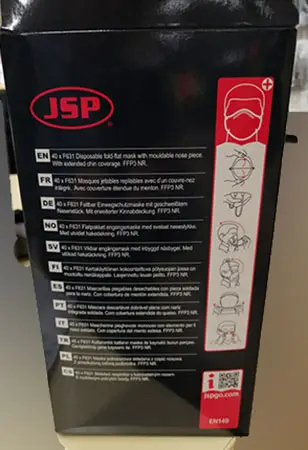 Foto aus der offiziellen Meldung: JSP Partikelfiltermaske — Risiko: Gesundheitsrisiken/Sonstige