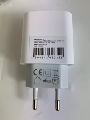 Foto uit de officiële melding: PrestiCo Charger USB-C USB-lader — risico: Milieu