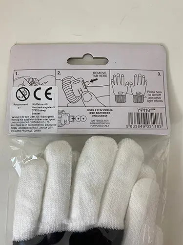 Foto do aviso oficial: LED light up gloves Luvas com luzes LED — risco: Ambiente