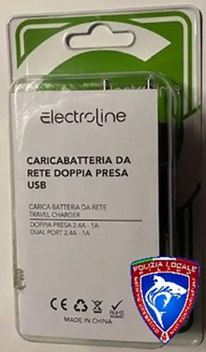 Photo de l’avis officiel: ELECTROLINE CARICABATTERIA DA RETE RAPIDO Chargeur USB — risque: Choc électrique