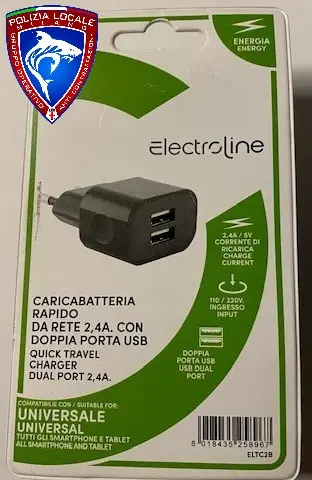 Photo de l’avis officiel: ELECTROLINE CARICABATTERIA DA RETE RAPIDO Chargeur USB — risque: Choc électrique