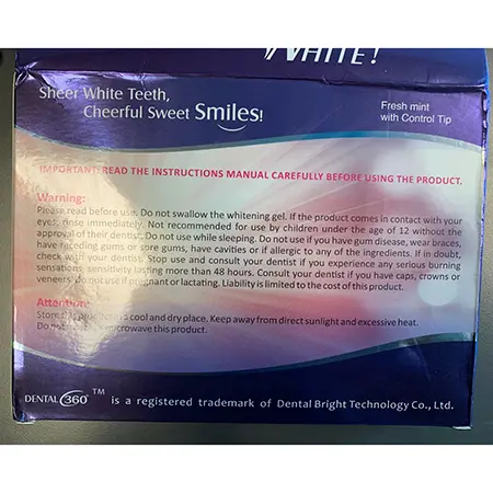 Foto aus der offiziellen Meldung: Dental 360 Advanced teeth whitening system Zahnaufhellungsgel — Risiko: Chemikalie