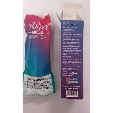 Photo from the official notice: R&amp;M® 10000 MASTER, 10000 PUFFS R&amp;M® 10000 MASTER, Salt Nicotine 2% disposable electronic cigarette — chemical risk