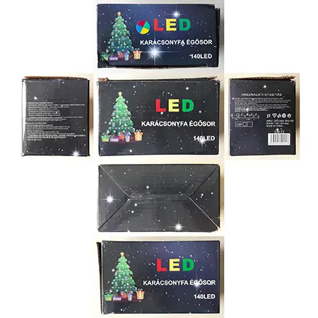 Photo from the official notice: „LED KARÁCSONYFA ÉGŐSOR 140LED” lighting chain — electric shock risk