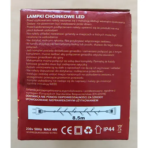 Foto do aviso oficial: 100LED Corrente de iluminação — risco: Choque elétrico (A12/00232/24)