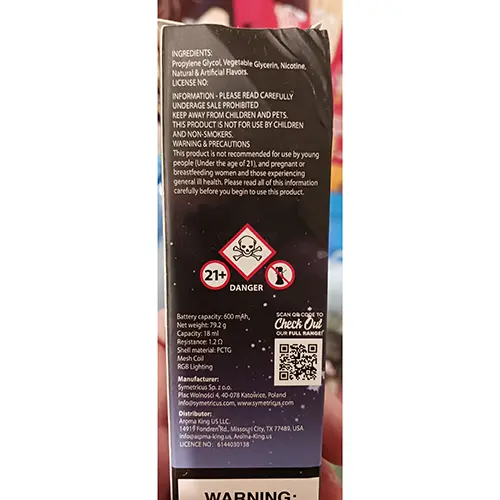 Photo de l’avis officiel: Aroma King MARS 9000 GRAPE Cigarette électronique jetable — risque: Risque chimique