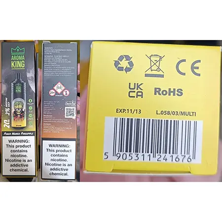 Photo from the official notice: Aroma King MARS 9000 PEACH MANGO PINEAPPLE disposable electronic cigarette — chemical risk