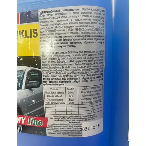 Foto aus der offiziellen Meldung: LANGŲ PLOVIKLIS ŽIEMA -20°C ECONOMY line Auto-Windschutzscheibe Waschflüssigkeit — Risiko: Verbrennungen & Feuer