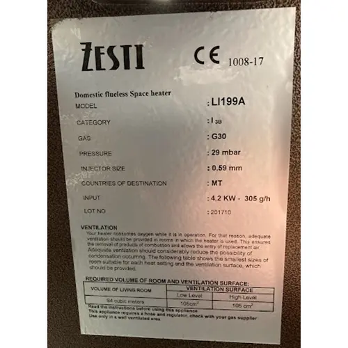 Photo from the official notice: Zesti Domestic flueless Space heater gas space heater — fire risk