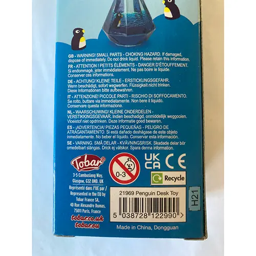 Photo de l’avis officiel: Tobar Penguin Desk Toy Sablier liquide — risque: Risque chimique