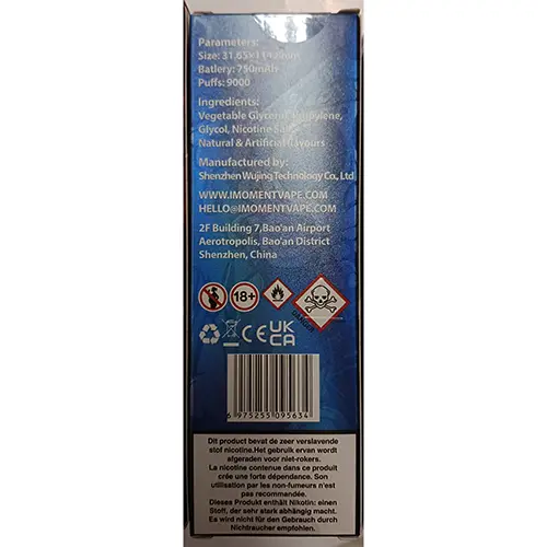 Photo de l’avis officiel: IMOMENT 9000 Blueberry Ice Cigarette électronique jetable — risque: Risque chimique