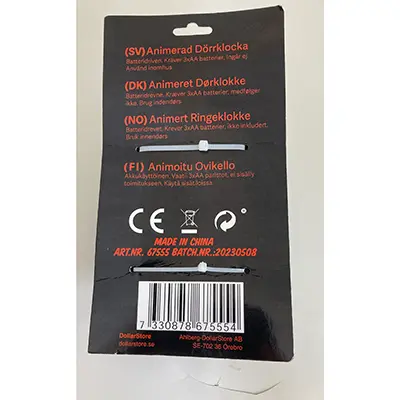Photo de l’avis officiel: Dollarstore Animerad dörrklocka Sonnette électrique — risque: Risque chimique & Environnement