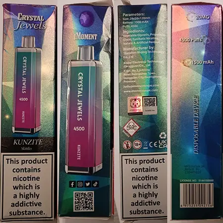 Photo from the official notice: IMOMENT IMOMENT CRYSTAL JEWEL KUNZITE Skittles disposable electronic cigarette. — chemical risk