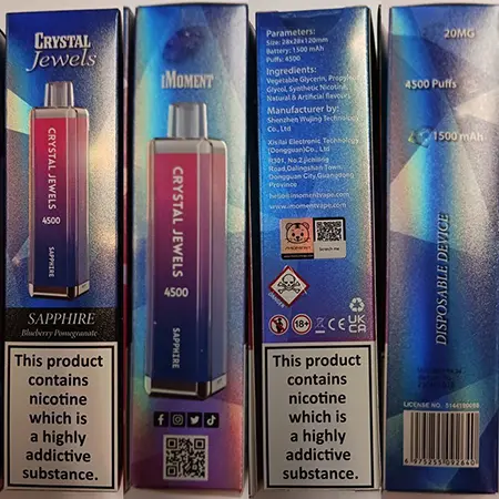 Photo de l’avis officiel: IMOMENT IMOMENT CRYSTAL JEWEL SAPPHIRE Blueberry Pomegranate Cigarette électronique jetable — risque: Risque chimique