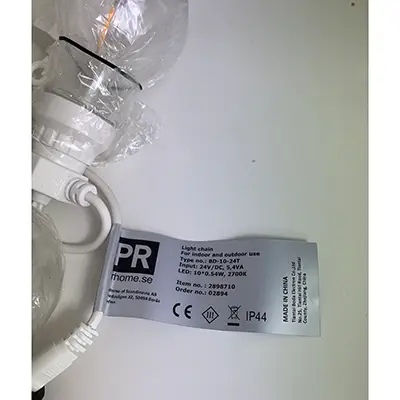 Photo de l’avis officiel: PR Home Glow light string Chaîne lumineuse — risque: Risque chimique & Environnement