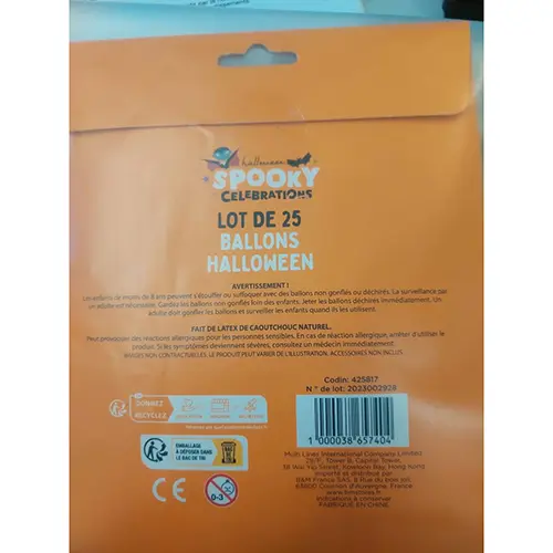 Photo de l’avis officiel: Spooky Celebrations Lot de 25 ballons Halloween — risque: Risque chimique