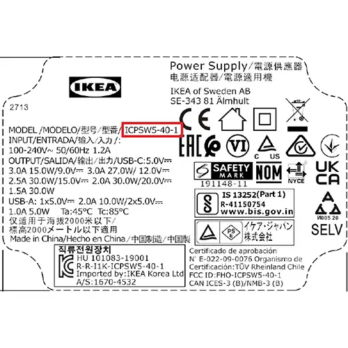 Photo de l’avis officiel: Ikea USB ÅSKSTORM 40 W Chargeur USB — risque: Brûlures & Choc électrique