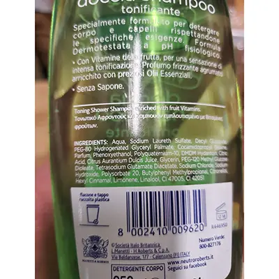 Photo from the official notice: Neutro Roberts Doccia Shampoo tonificante con vitamine della frutta hair and body wash — chemical risk