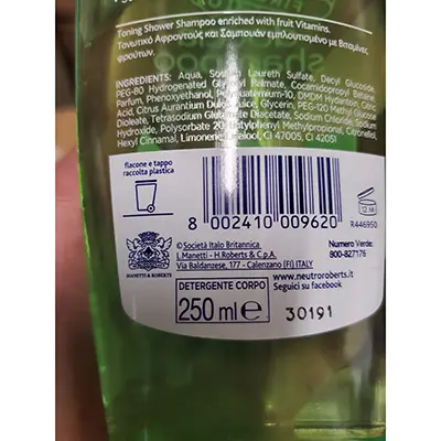 Photo from the official notice: Neutro Roberts Doccia Shampoo tonificante con vitamine della frutta hair and body wash — chemical risk