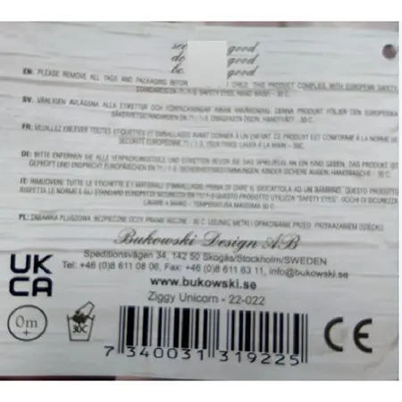 Foto do aviso oficial: BUKOWSKI Ziggy Unicorn Brinquedo macio — risco: Queimaduras & Incêndio