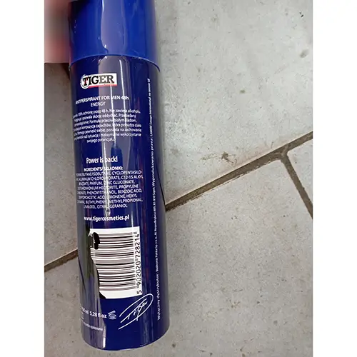 Foto uit de officiële melding: TIGER, ANTIPERSPIRANT FOR MEN 48h ENERGY Antitranspirant — risico: Chemische risico's