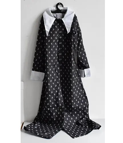 Foto aus der offiziellen Meldung: Wednesday from Adams family Kostüm mit Fancy-Kleid — Risiko: Verbrennungen