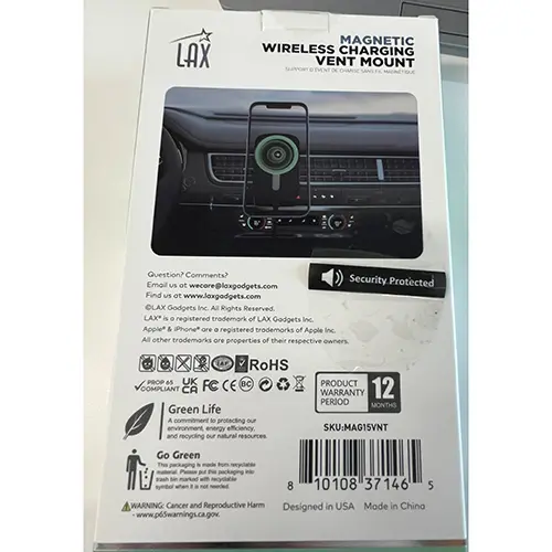 Foto aus der offiziellen Meldung: LAX Magnetic Wireless Charging Vent Mount Kabelloses Ladegerät — Risiko: Verbrennungen