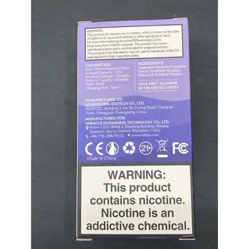 Photo de l’avis officiel: Elfbar BC5000 Cigarette électronique jetable — risque: Risque chimique (A12/00872/24)