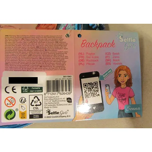 Photo from the official notice: DLP Industry B.V. - Selfie Girls® Selfie Girls - Senna - Backpack children's backpack — chemical risk