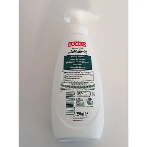 Photo from the official notice: BOROTALCO Antibatterico Igienizzante al Muschio Bianco liquid soap — chemical risk