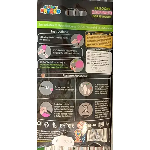 Foto del aviso oficial: GLOBOS PAYASO led balloons- light up balloons - neon colors Globos de led — riesgo: Riesgos químicos & Atragantamiento