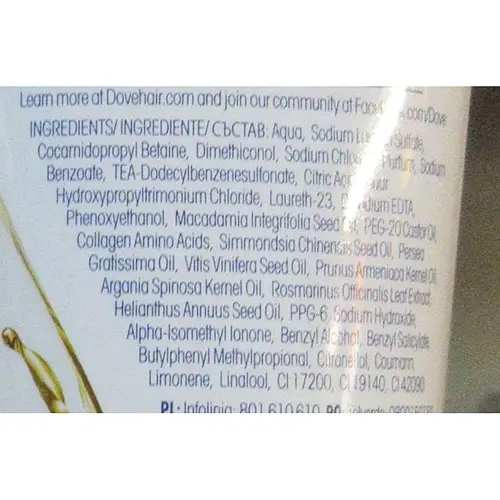 Photo de l’avis officiel: Dove SHAMPOO SHINE revived PURE CARE DRY OIL Shampooing — risque: Risque chimique