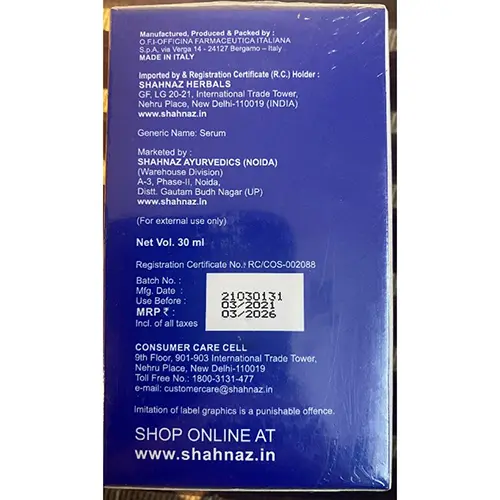 Foto aus der offiziellen Meldung: Shahnaz Husain Plant stem cell skin redensifying serum Hautserum — Risiko: Chemikalie